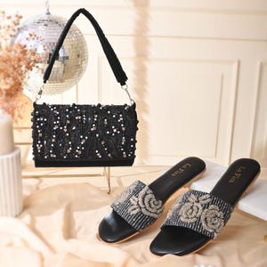 Bolso de mano con adornos negros y plateados y clutch con adornos negros / Elegante y funcional bolso de mano artesanal / Perfecto para bodas y fiestas