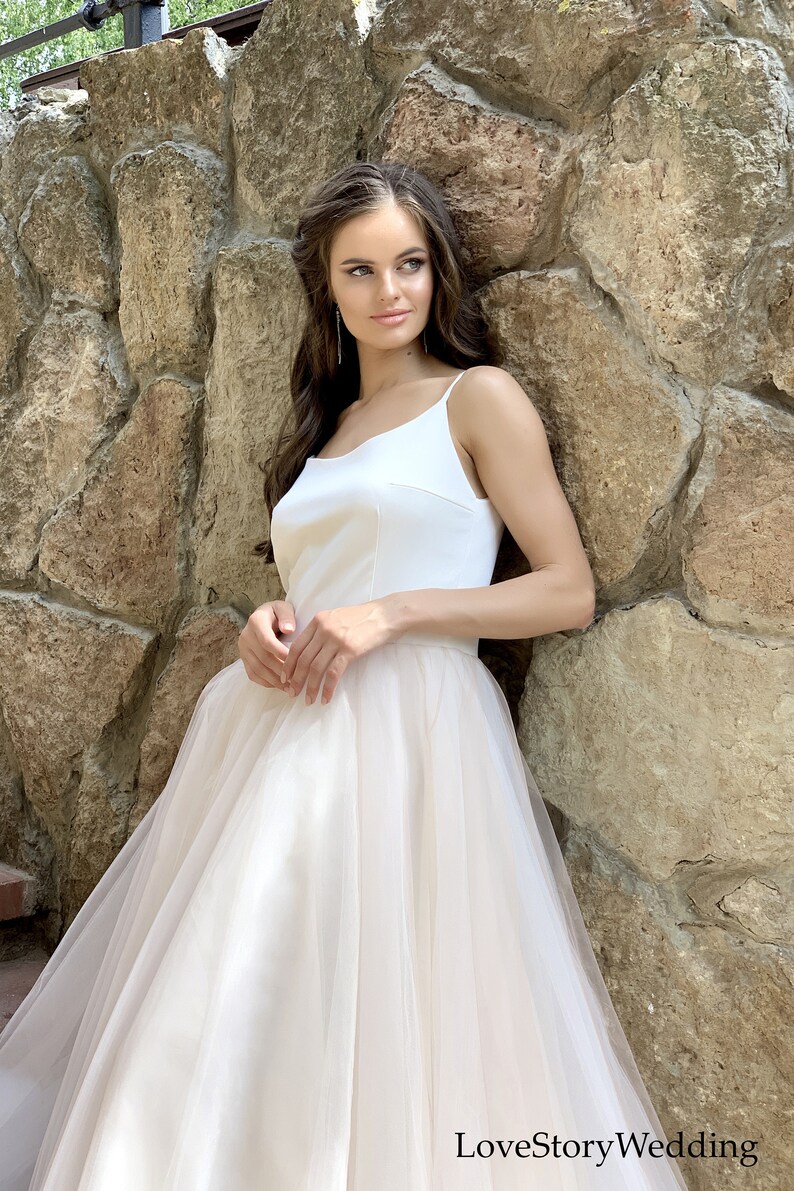 Beach wedding dress with train Light bridal gown Tulle skirt Dress with straps Simple wedding gown Boho style Plus Size Elegant dress Custom