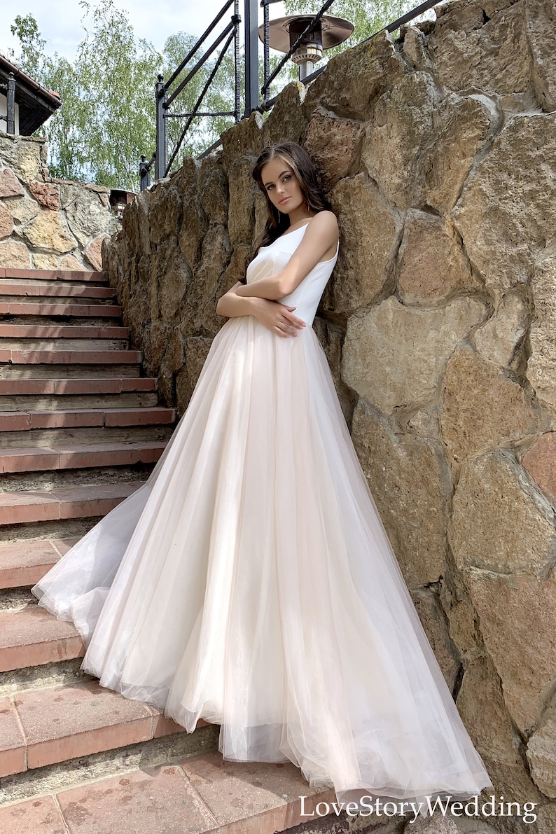 Beach wedding dress with train Light bridal gown Tulle skirt Dress with straps Simple wedding gown Boho style Plus Size Elegant dress Custom