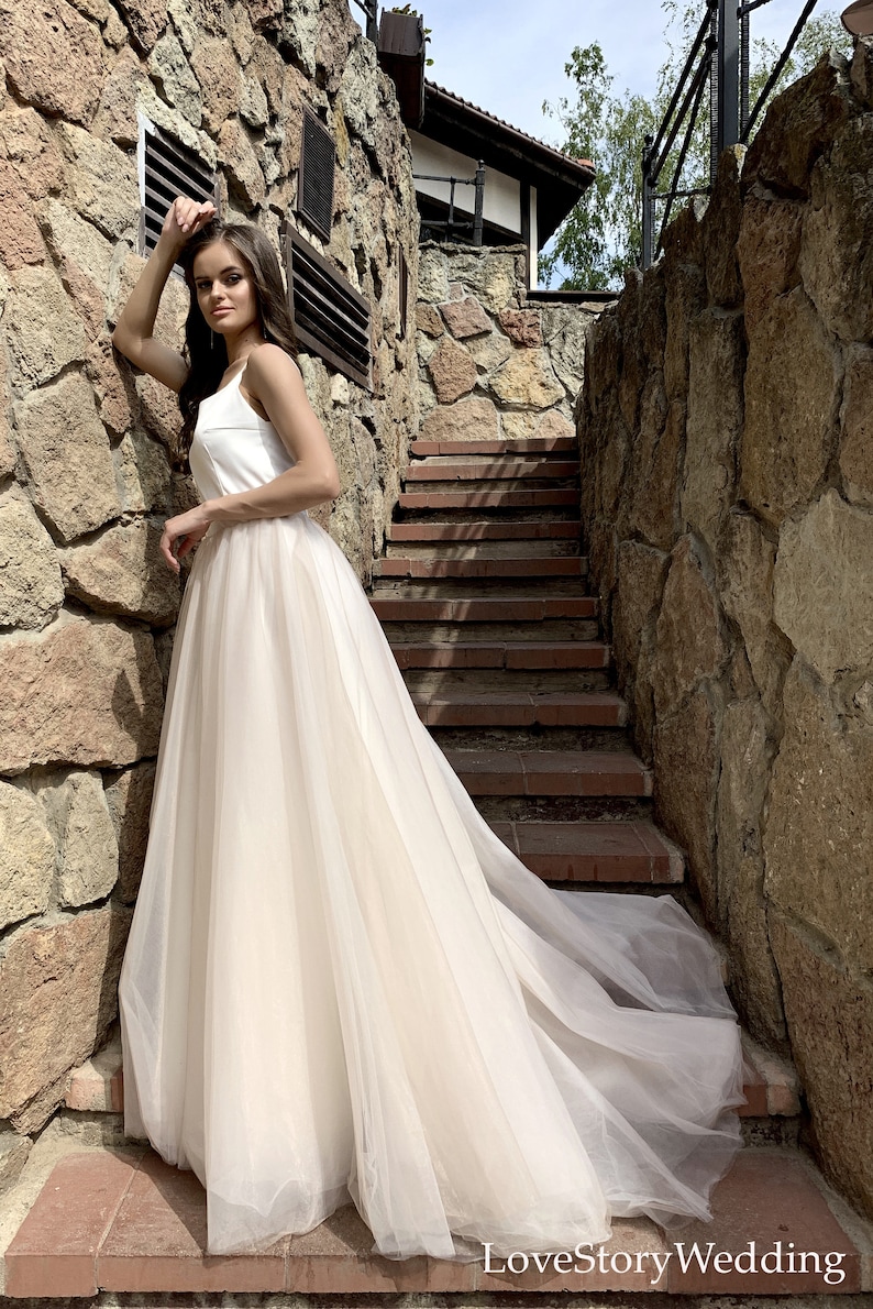 Beach wedding dress with train Light bridal gown Tulle skirt Dress with straps Simple wedding gown Boho style Plus Size Elegant dress Custom