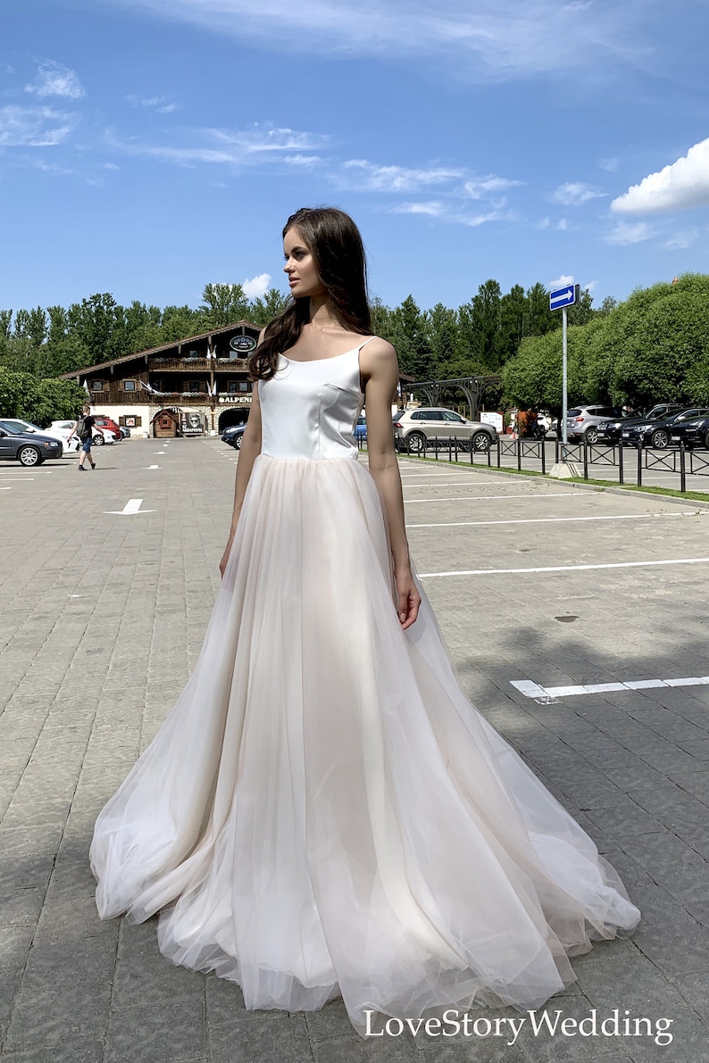 Beach wedding dress with train Light bridal gown Tulle skirt Dress with straps Simple wedding gown Boho style Plus Size Elegant dress Custom