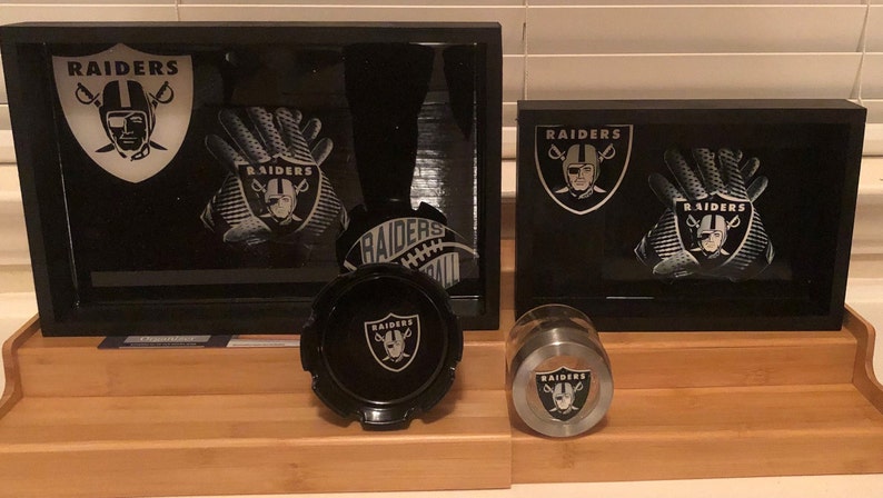 Raiders Custom Wood & Resin Photos Rolling Tray Set        (Tray Sizes 12x8x2 And 10x6x2)      With/Without Glitter 