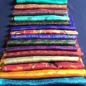 Pure Silk Sari Fabric Pieces, Mixed Colors, 10x10 Inch (Pack of 15)