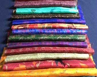 Pure Silk Sari Fabric Pieces, Mixed Colors, 10x10 Inch (Pack of 15)