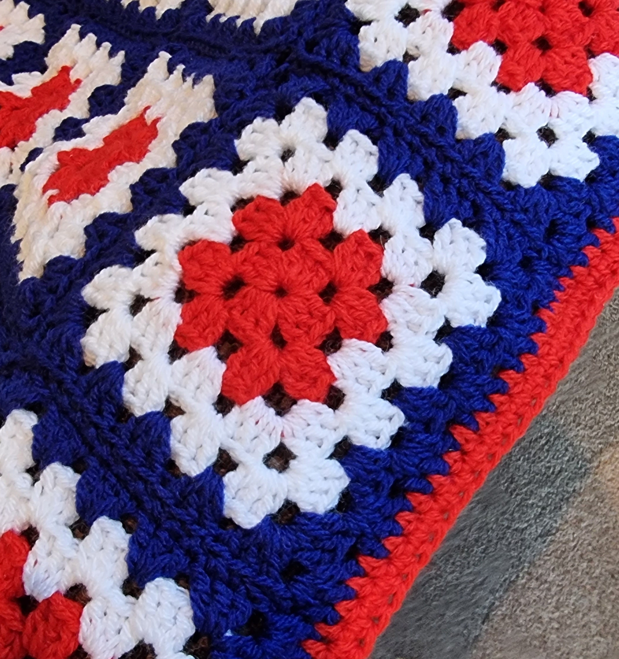 Red White & Blue Crocheted Granny Squares Blanket / Throw. Hand