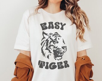 Easy Tiger Shirt | Retro Graphic Tee | Vintage Look | Unisex White |  Boho Tiger Shirt |  Tiger Tee | Size Up for Oversized Graphic T Shirt