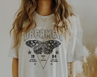 Dreamer Boho Graphic T-Shirt,  Vintage Style Graphic Tee, Retro Shirt, Butterfly Shirt, Size Up For Oversize Graphic Tee, Gift for Her