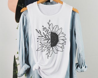 Sunflower Tank, Botanical Floral Muscle Tank Top, Wildflower Shirt, Graphic T Shirt for Women, Gift for Her, Womans Floral Workout Tank,