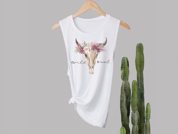 Wild Soul Tank Top, Boho Cow Skull Tank, Womans Workout Shirt, Racerback Tank Tops for Women, Western Tank Top, Country Tank, Wild Soul Tank