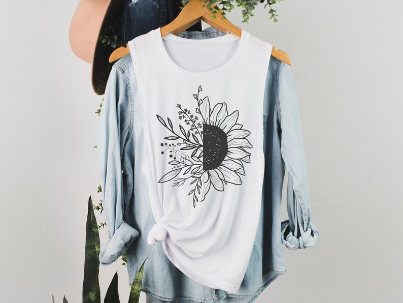 Graphic T Shirt for Women Womans Floral Workout Tank, Botanical Floral Muscle Tank Top Wildflower Shirt Sunflower Tank Gift for Her