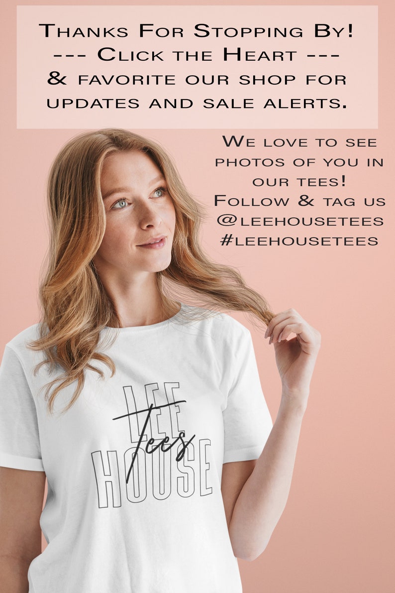 May include: White t-shirt with black text that reads "LEE Tees HOUSE". A woman is wearing the shirt and is looking off to the side. The background is a light pink color.