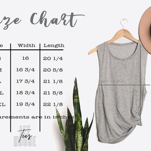 May include: Size chart for a gray tank top with a knotted hem. The chart shows the width and length measurements in inches for sizes S, M, L, XL, and 2XL.