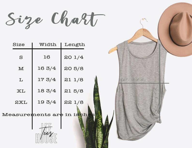 May include: Size chart for a gray tank top with a knotted hem. The chart shows the width and length measurements in inches for sizes S, M, L, XL, and 2XL.