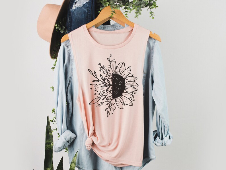 Graphic T Shirt for Women Womans Floral Workout Tank, Botanical Floral Muscle Tank Top Wildflower Shirt Sunflower Tank Gift for Her