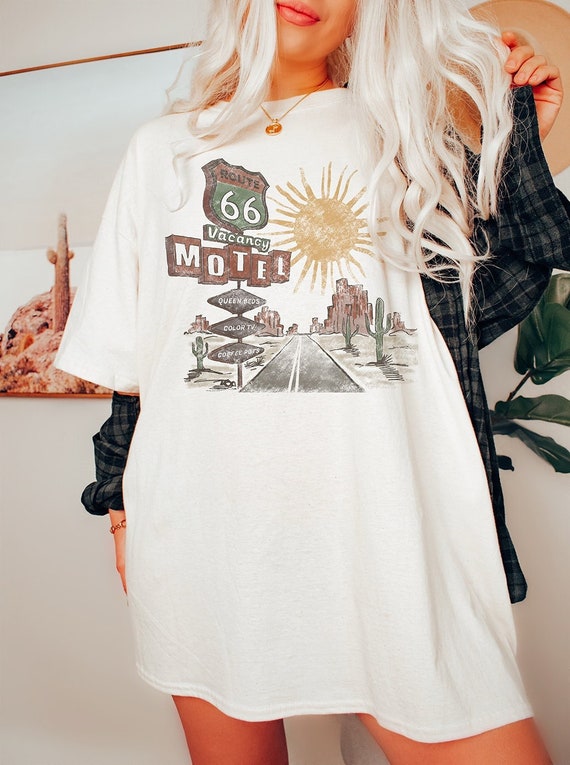 Route 66 Shirt, Western Graphic T Shirt, Desert Motel Shirt, Vintage Look, Comfort Colors White, Size up Oversize TShirt, Boho Shirt