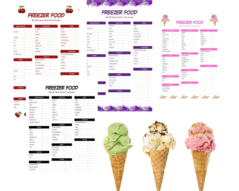 Pink Ice Cream Cone Food Inventory Sheet for Freezer Goods, Frozen Food