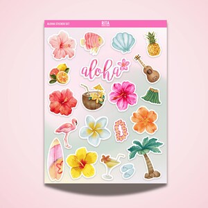 20 PCS Aloha Aesthetic Stickers Sheet Cute Tropical Vibes Flowers Surf Palm Pack Bullet Journal Scrapbook Planner Kindle Laptop Decal Girly