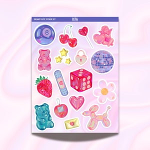 17 Stück ästhetische niedliche Aufkleber Blatt Junk Journal Kindle Laptop Aufkleber Gummibärchen Würfel Sterne Ballon Hund 8 Disco Ball Scrapbook Cherry