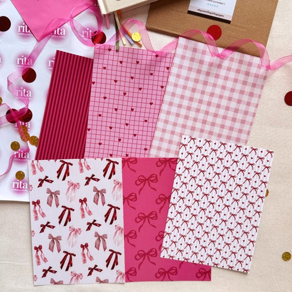 Coquette Journal Paper Scrapbooking Junk Journal Supplies Pink & Red Bow Scrapbook Pages (6 PCS) DDP