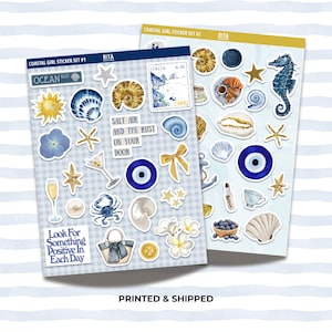 Kustmeisje sticker bundel esthetische dagboek stickers set strand oceaan zeeschelp parel strik cocktail planner Kindle laptop sticker 48 stuks