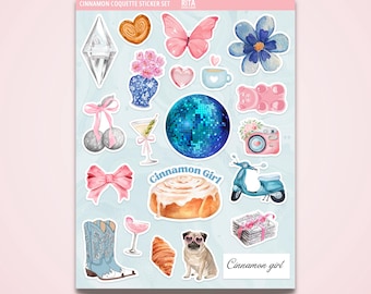 Cinnamon Coquette Sticker Set Aesthetic Journal Stickers Sheet Planner Kindle Bookish Gifts Laptop Girly Cowboy Croissant Disco Butterfly