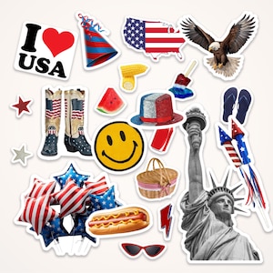 Feuille d'autocollants du 4 juillet | Ensemble d'autocollants pour carnet de scrapbooking esthétique Journal du 4 juillet, cool, patriotique pour ordinateur portable Kindle, 21 pièces
