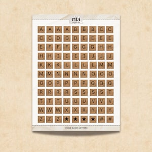May include: A sheet of wooden letter tiles, each with a letter and point value. The letters A-Z, stars, and number signs are displayed. The text "WOOD BLOCK LETTERS" is at the bottom.