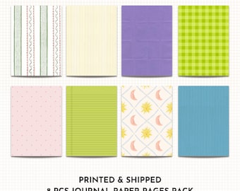 May include: A pack of eight journal paper pages with various designs. The pages feature patterns like stripes, gingham, dots, and lined paper, in colors including green, yellow, pink, purple, and blue. The text "PRINTED & SHIPPED" and "8 PCS JOURNAL PAPER PAGES PACK" is visible.