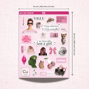 K&ouml;nnte beinhalten: Ein Stickerbogen mit rosa Hintergrund und verschiedenen Stickern, darunter eine Katze, ein Frosch, ein Hamster, eine Kamera, eine Discokugel, eine Kirsche, ein Lipgloss, ein Stern, ein Kristall, eine Tasse, ein M&auml;dchen am Telefon, ein K&auml;tzchen, ein Vogue-Magazincover, eine Sprechblase mit dem Text "Ich bin buchst&auml;blich nur ein M&auml;dchen" und eine Sprechblase mit dem Text "Ein Nervenzusammenbruch sp&auml;ter..." Der Bogen ist mit "Just a Girl Sticker Set" beschriftet und misst 20 cm x 15 cm.