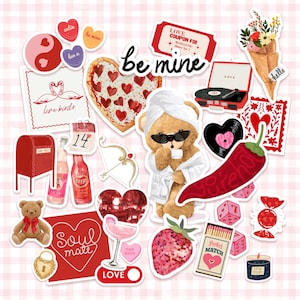 28 pezzi di adesivi estetici / adesivi per diario per San Valentino, set di adesivi per amanti / adesivi per planner con cuori caldi, carini e civettuole.