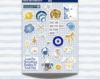 Coastal Girl Sticker Sheet Aesthetic Journal Stickers Set Beach Ocean Seashell Pearl Bow Cocktail Planner Kindle Laptop Decal Coquette DDP