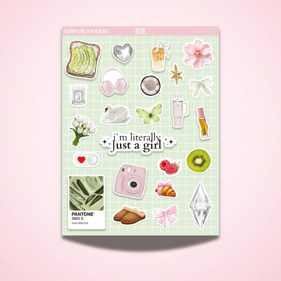 24 PCS Clean Girl Aesthetic Stickers Sheet Journal Stickers Planner Coquette Girly Sticker Set SelfCare Matcha Clean Aesthetic Kindle DDP