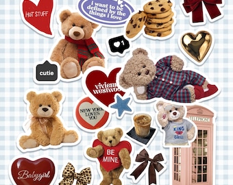 Gemütliches Teddy Ästhetisches Aufkleber-Blatt Journal Aufkleber Planer Junk Journal Sticker Set Schleife Cookie Kaffee Bär Herz Sammelalbum Kindle Laptop