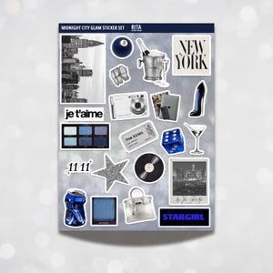 21 pezzi Midnight City Glam Stargirl Aesthetic Sticker Set Navy Journal Stickers Sheet Kindle Laptop Decal Cool NYC It Girl Dice Disco Ball