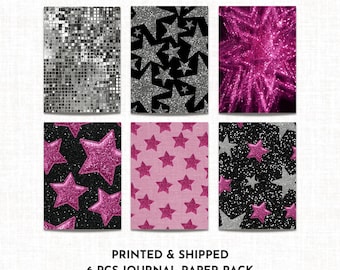 Papier do scrapbookingu Stargirl Journal Paper Scrapbooking Junk Journal Supplies Stars Pink & Black Scrapbook Pages (6 szt.) DDP