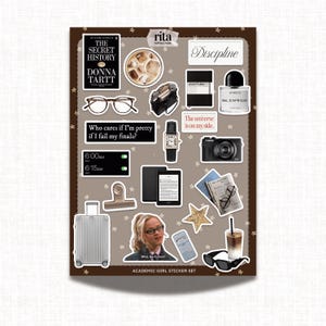 May include: A sticker sheet with an "Academic Girl" theme, featuring various stickers. Stickers include a book, glasses, a watch, a camera, a perfume bottle, a suitcase, and text that reads "Who cares if I'm pretty if I fail my finals?"