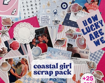 May include: A collection of scrapbook elements with a coastal theme, including seashell stickers, patterned paper, and magazine clippings. The phrase "coastal girl scrap pack" is visible, along with the text "How Lucky Are We."