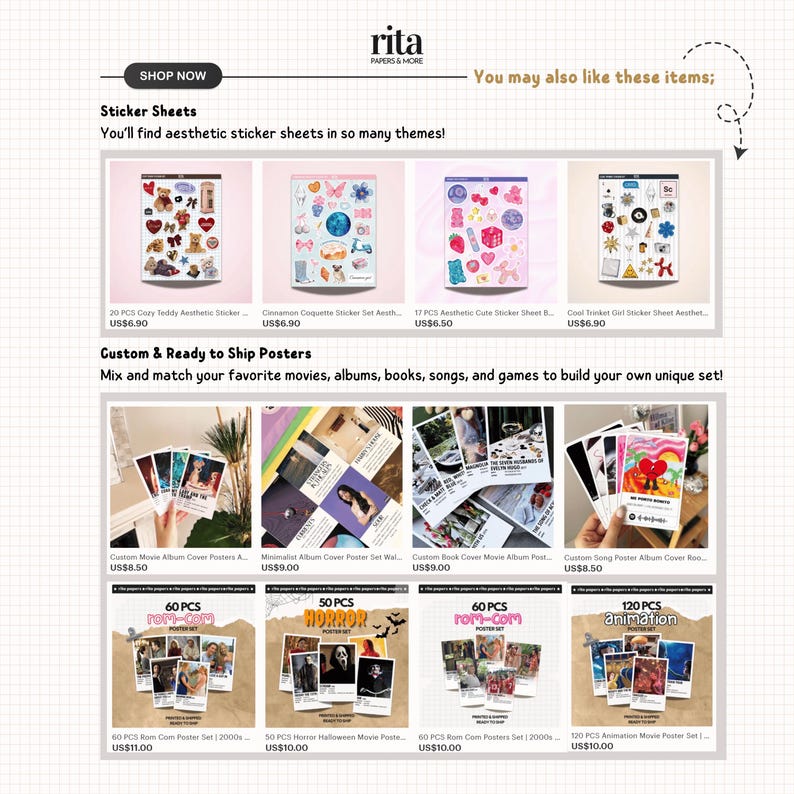 K&ouml;nnte beinhalten: Eine Etsy-Shop-Anzeige mit Stickerb&ouml;gen und individuellen Postern. Die Stickerb&ouml;gen zeigen verschiedene Themen, w&auml;hrend die Poster f&uuml;r Filme, Alben und B&uuml;cher entworfen wurden. Das Logo des Shops, "rita PAPERS & MORE", ist oben sichtbar.