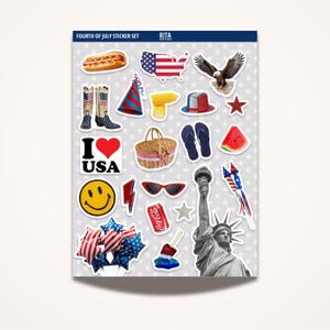 Feuille d'autocollants du 4 juillet | Ensemble d'autocollants pour carnet de scrapbooking esthétique journal indésirable