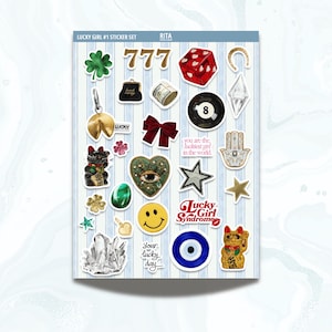 Foglio di adesivi Lucky Girl Adesivi estetici Adesivi per diario spazzatura Adesivi per diario Lucky Charm Planner 777 Pacchetto di adesivi Evil Eye Clover Horseshoe