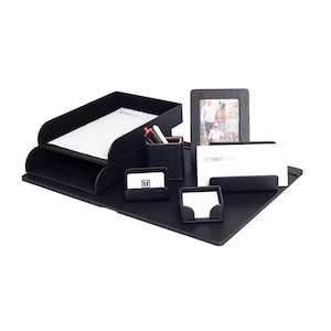 Juego de escritorio de cuero negro premium - Esenciales de organización de oficina - Accesorios de espacio de trabajo elegantes más buscados - El mejor regalo para todos