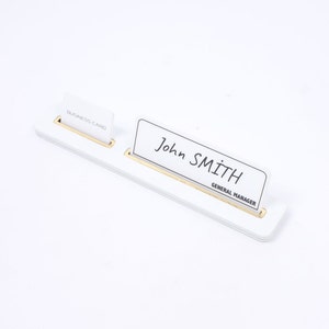 Leather Table Name Plate and Business Card Holder White / Office Gift / Customizable Secretary Name Plate / Minimalist Design