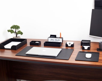 Oslo Leather Desk Set - 10 Piece Black Leather Desk Accessories - Premium Office Organizer Set