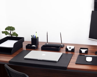 Set da scrivania in pelle bordata Roma 11 pezzi nero con doppio ripiano per documenti - Organizzazione e stile dell'ufficio - Miglior regalo per tutti - Regalo personalizzato