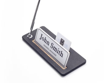 Placa de identificación de escritorio Cuero negro / Accesorios de nombre de escritorio / Decoración de oficina moderna personalizable / Regalo de nuevo negocio / Tarjeta de visita y soporte para bolígrafo
