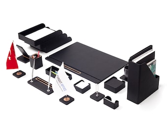 Luxury Leather Desk Organizer Set: 15-Piece Elegant Office Accessories