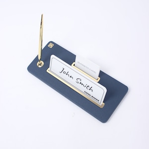 Schreibtisch Name Platte Leder Marine blau / Schreibtisch Name Zubehör / anpassbare moderne Büro Dekor / Business Geschenk / Visitenkarte und Stift Halter