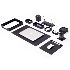 May include: Black desk organizer set with a laptop, mouse pad, pen holder, and other office supplies.