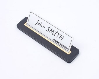 Personalized Black Leather Desk Name Plate: Modern Office Decor