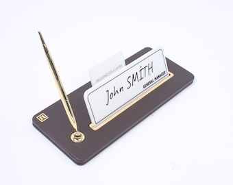 Desk Name Plate Leather Brown / Desk Name Accessories / Customizable Modern Office Decor / New Business Gift / Business Card and Pen Holder